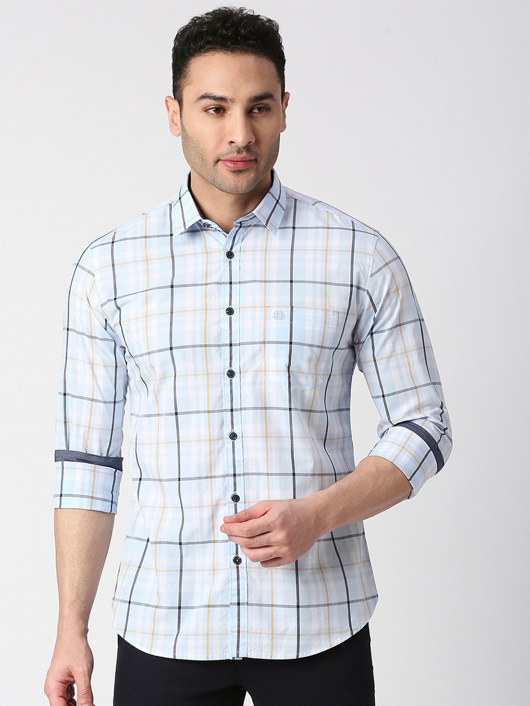 

DRAGON HILL Tartan Checked Spread Collar Cotton Casual Shirt, Blue
