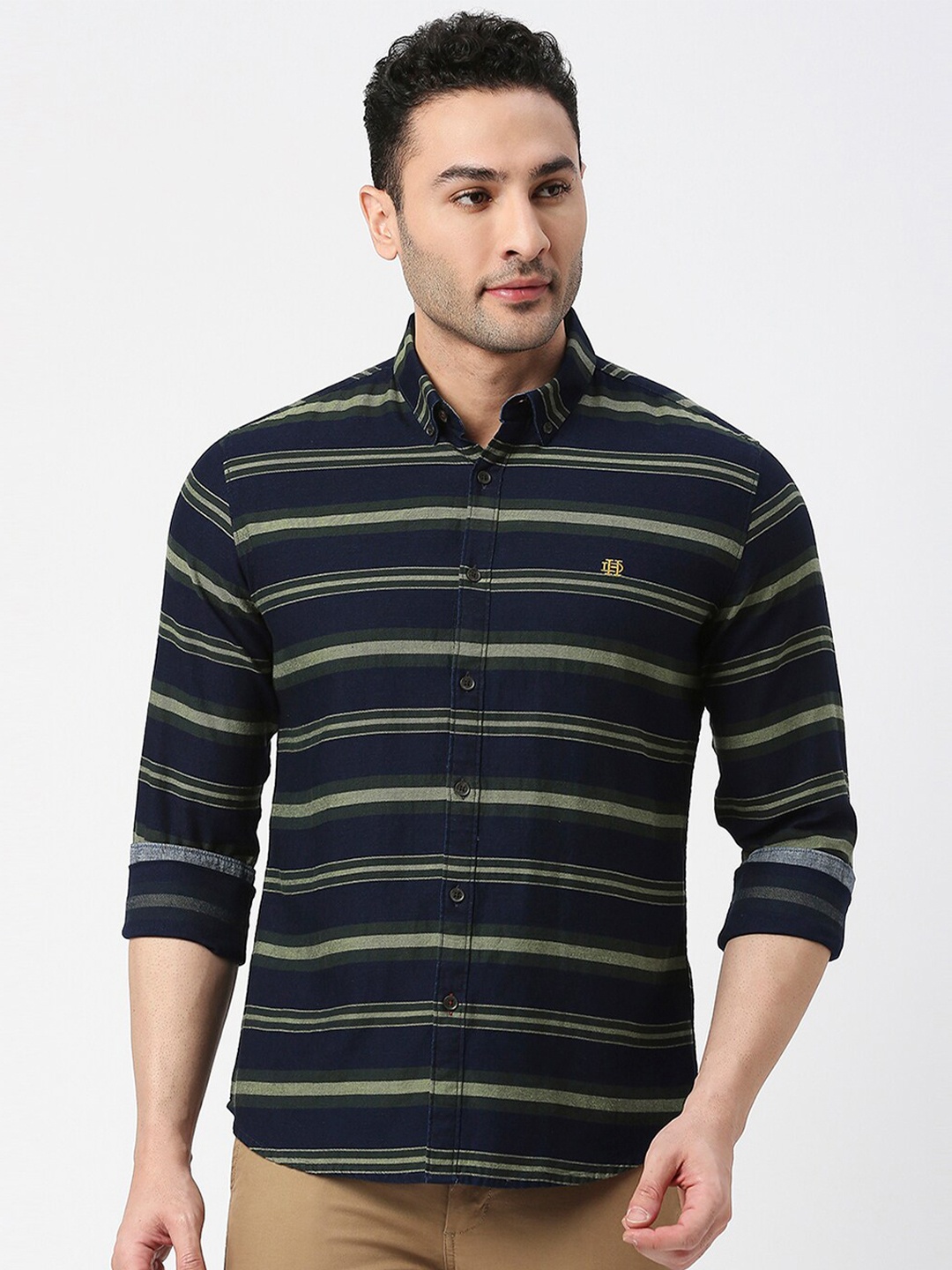 

DRAGON HILL Slim Fit Twill Horizontal Striped Cotton Casual Shirt, Navy blue