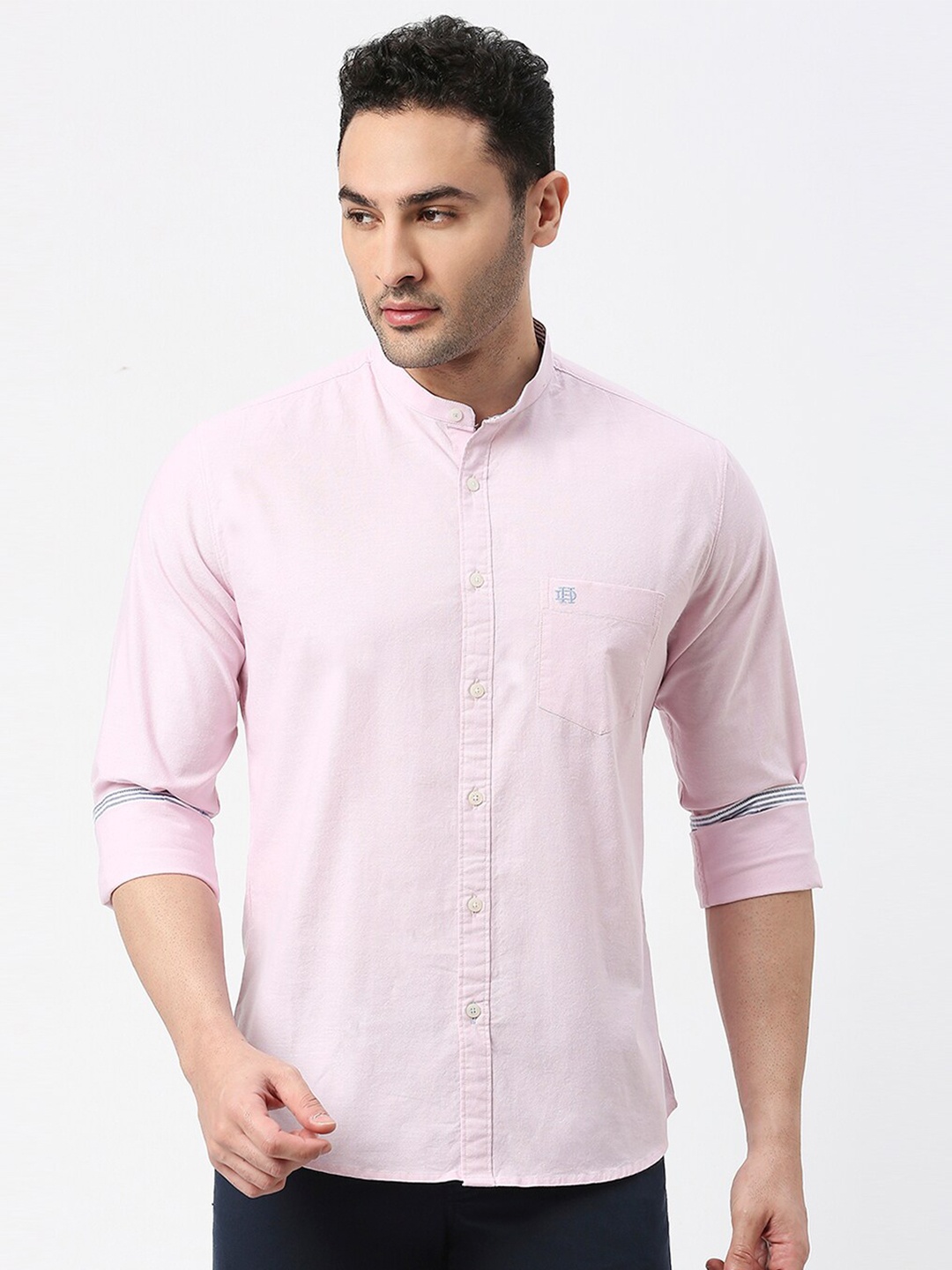 

DRAGON HILL Slim Fit Oxford Mandarin Collar Cotton Casual Shirt, Pink