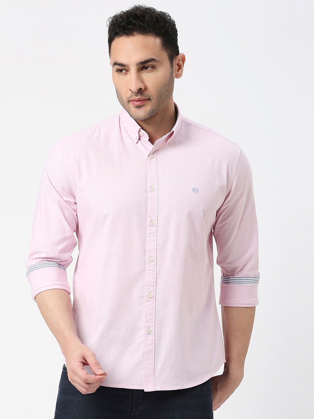 

DRAGON HILL Slim Fit Mandarin Collar Cotton Casual Shirt, Pink