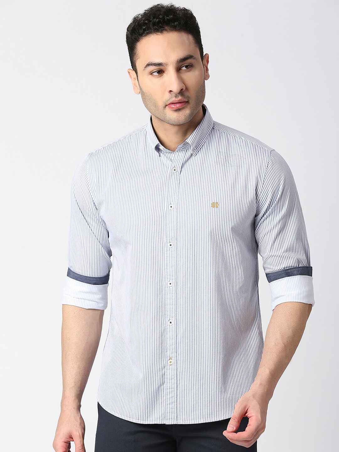 

DRAGON HILL Vertical Striped Button-Down Collar Cotton Casual Shirt, Blue