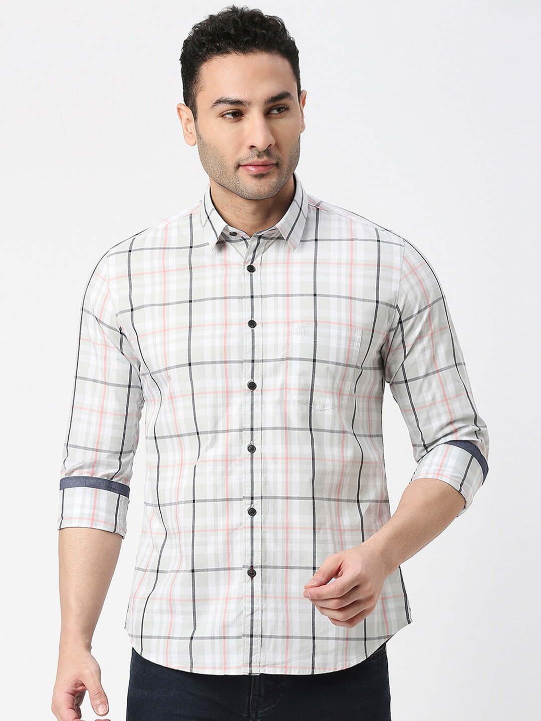 

DRAGON HILL Slim Fit Tartan Checked Cotton Casual Shirt, Grey