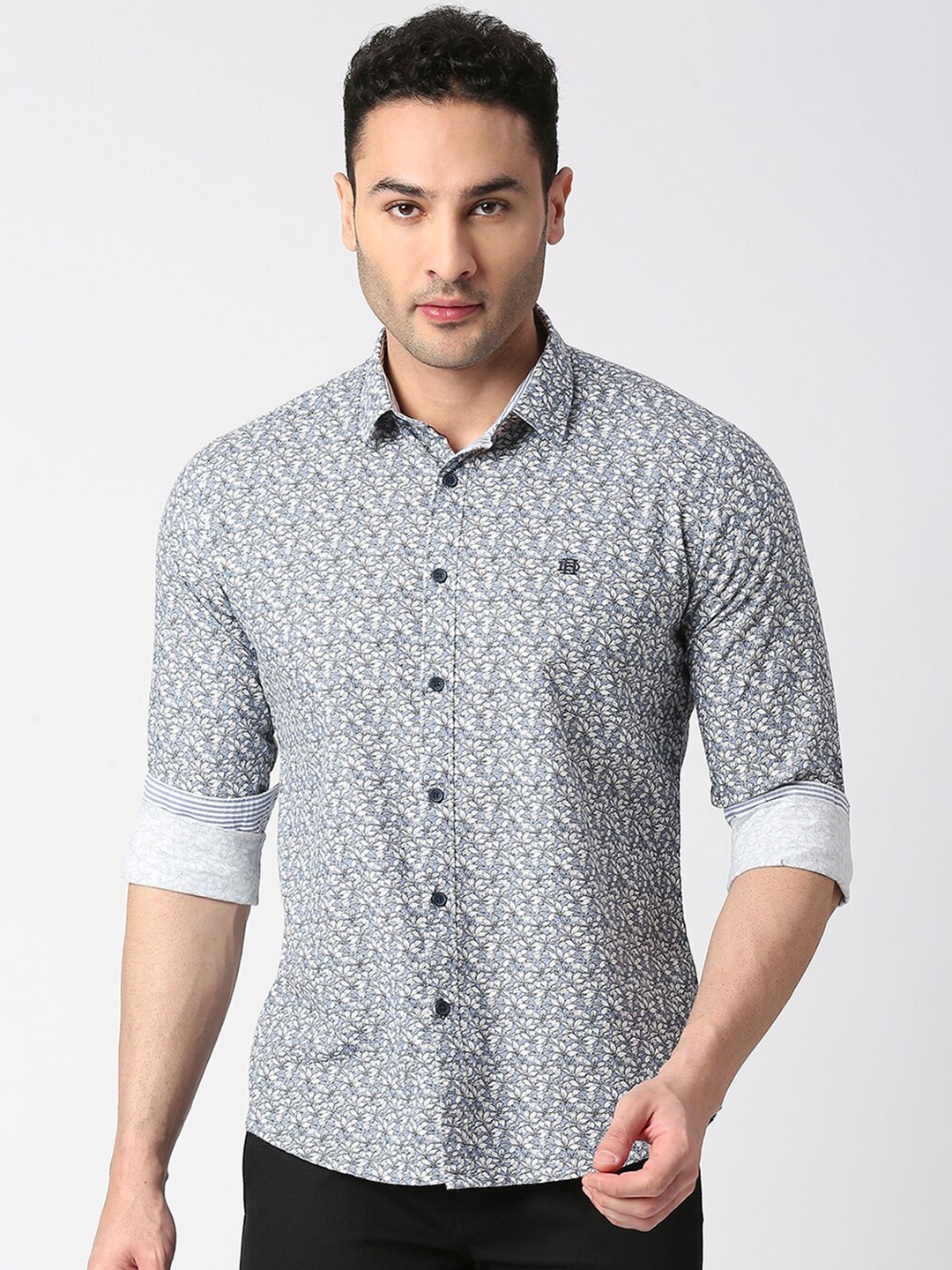 

DRAGON HILL Floral Printed Spread Collar Cotton Casual Shirt, Blue