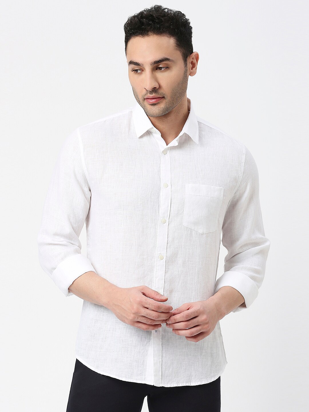 

DRAGON HILL Slim Fit Spread Collar Pure Linen Casual Shirt, White