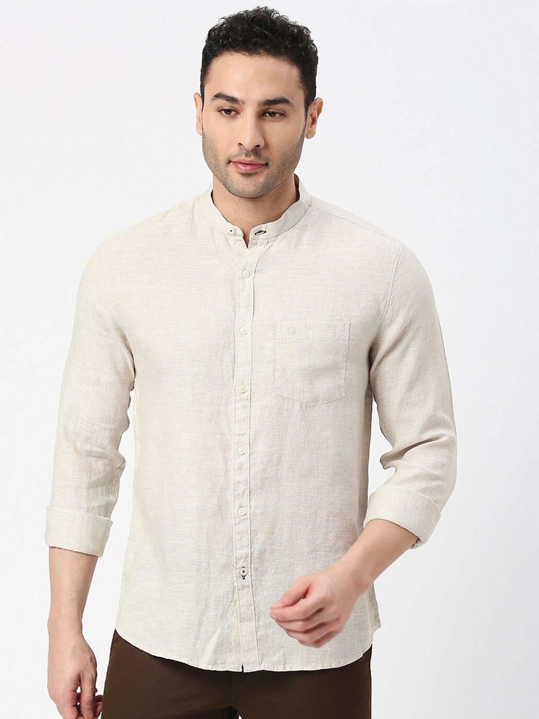 

DRAGON HILL Slim Fit Mandarin Collar Linen Casual Shirt, Beige