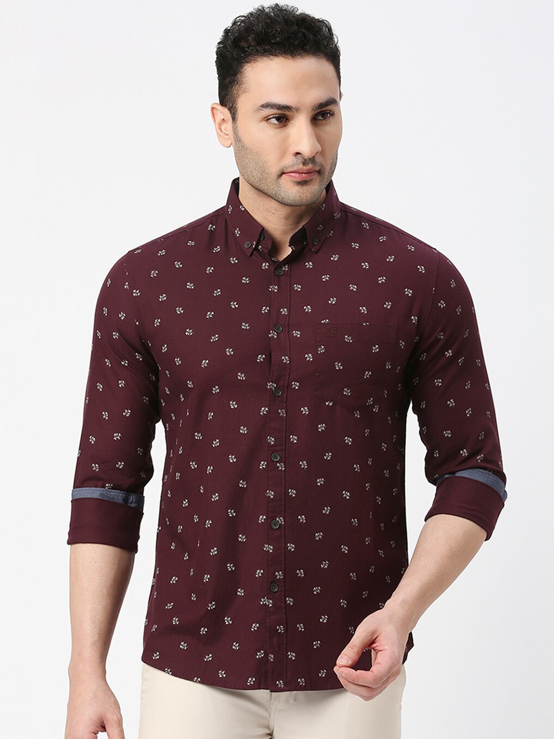 

DRAGON HILL Floral Printed Button Down Collar Cotton Casual Shirt, Maroon