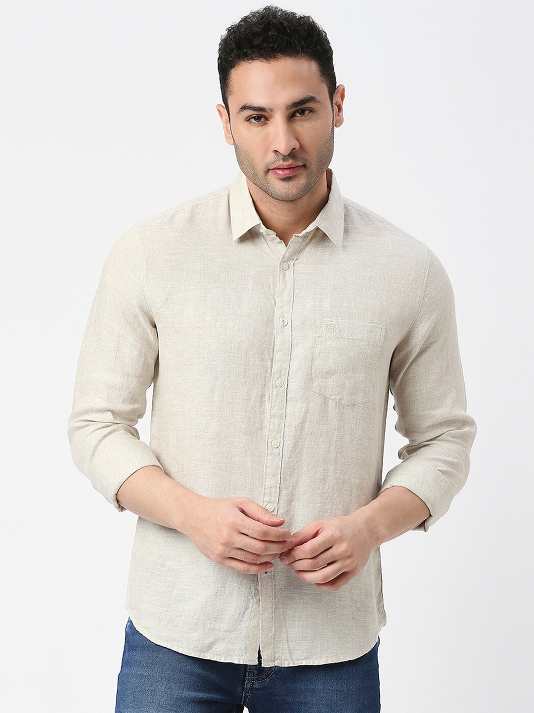

DRAGON HILL Slim Fit Spread Collar Linen Casual Shirt, Beige