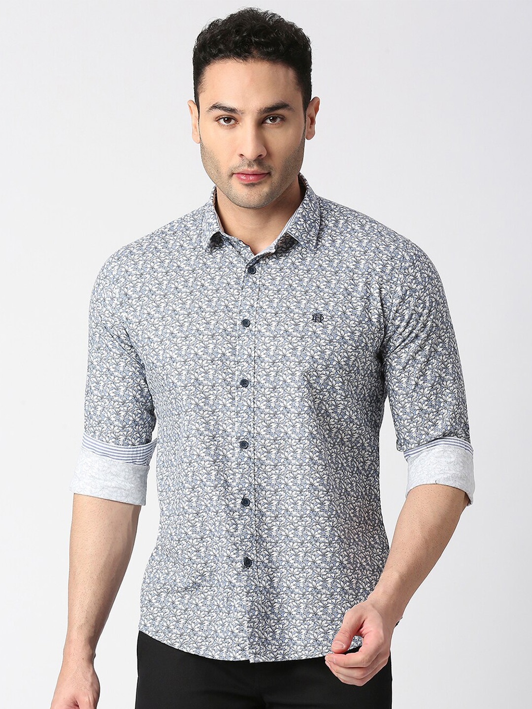 

DRAGON HILL Floral Printed Spread Collar Cotton Casual Shirt, Blue