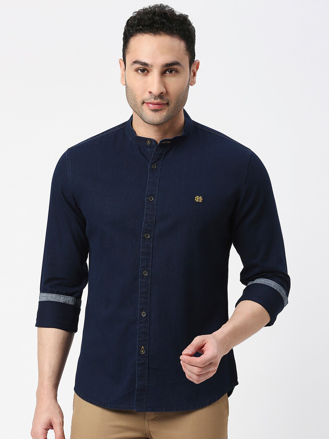 

DRAGON HILL Slim Fit Mandarin Collar Cotton Casual Shirt, Navy blue