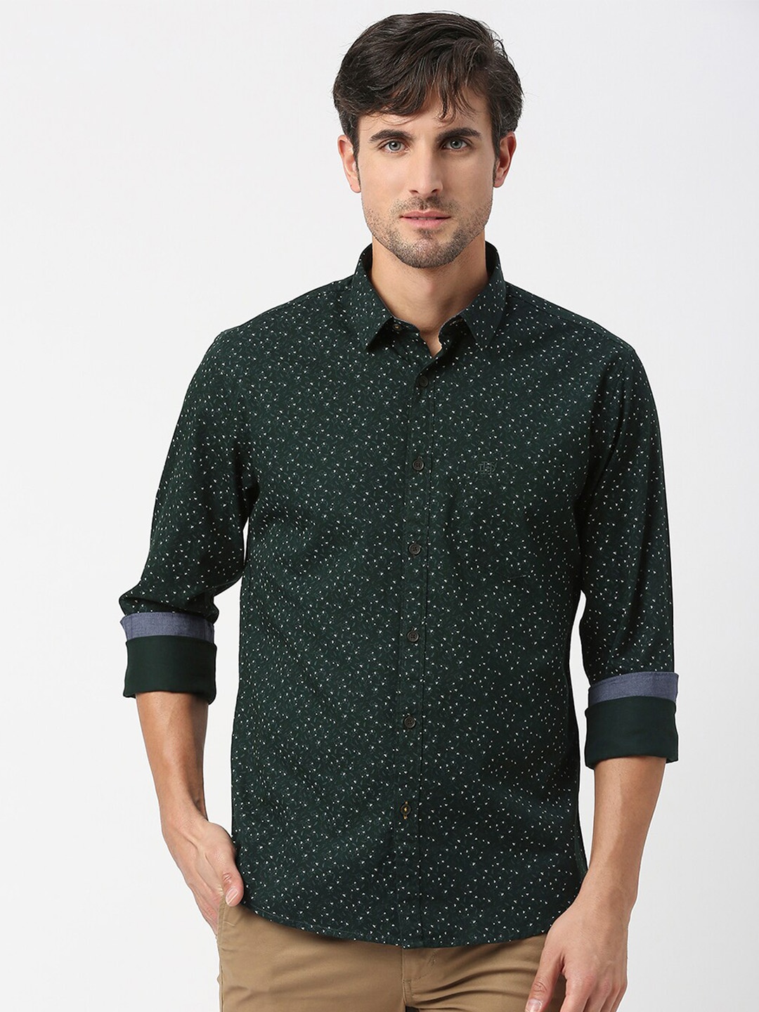 

DRAGON HILL Micro Ditsy Printed Spread Collar Cotton Casual Shirt, Green