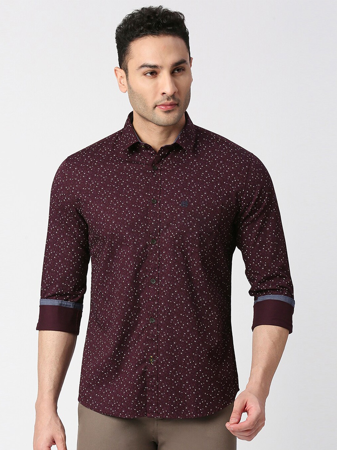 

DRAGON HILL Slim Fit Floral Printed Spread Collar Cotton Casual Shirt, Maroon