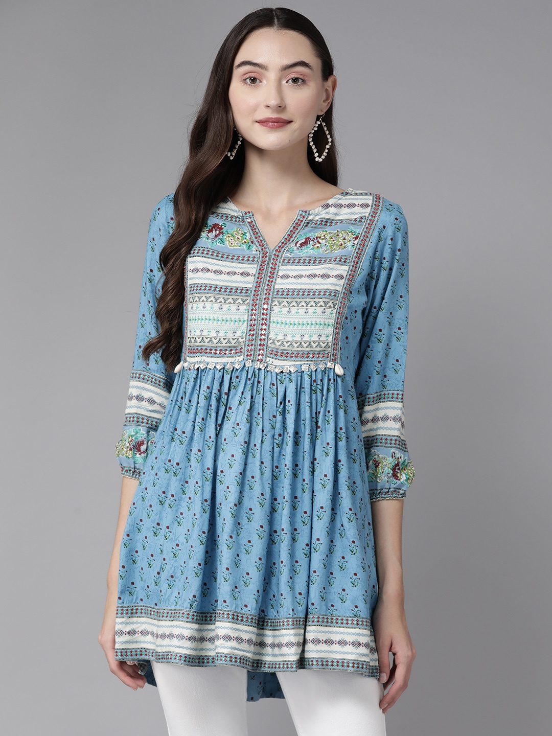 

Amirah s Printed Embellished Cotton Tunic, Turquoise blue