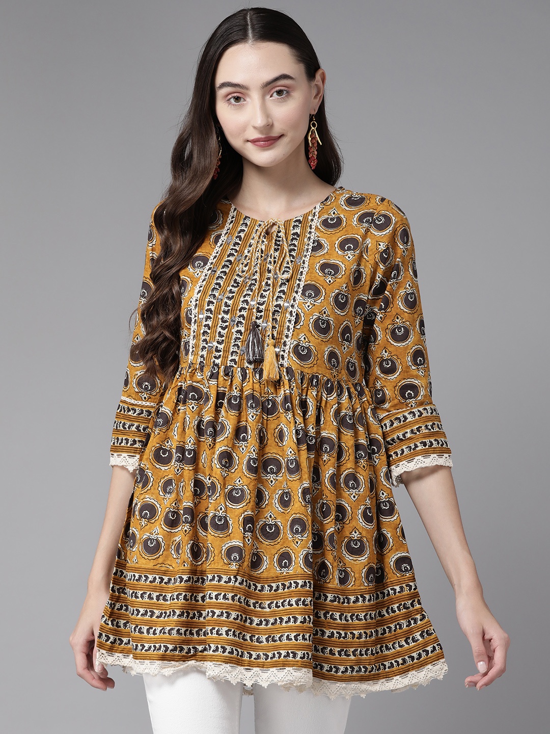 

Amirah s Printed Cotton Ethnic Tunic, Mustard