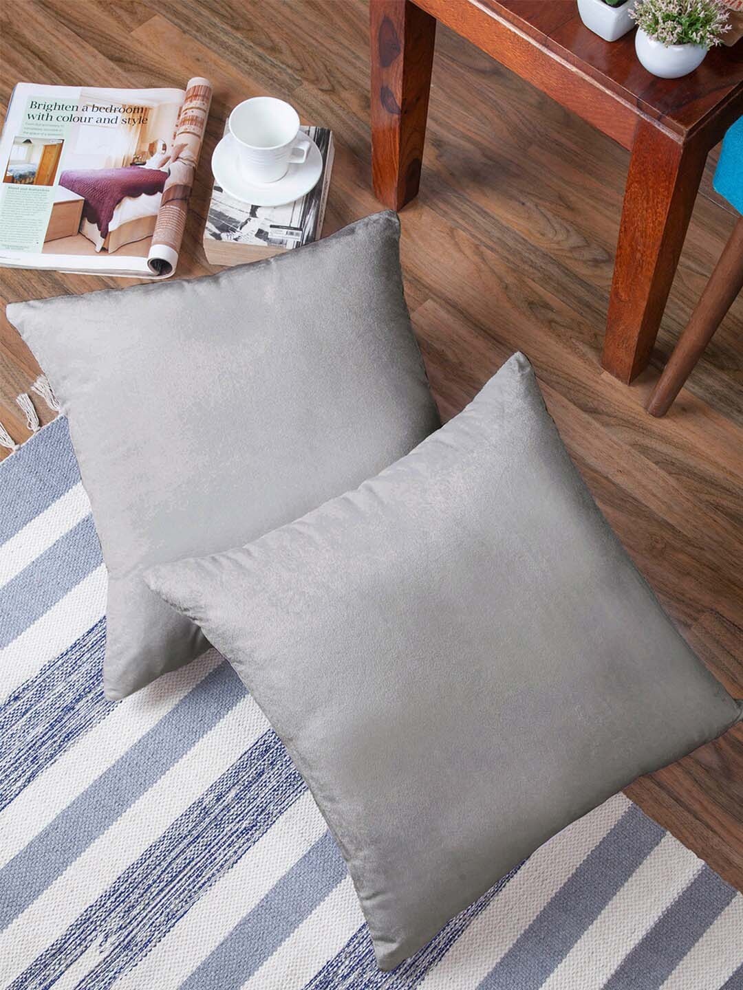 

Encasa Homes Grey 2 Pieces Velvet Square Cushion Covers