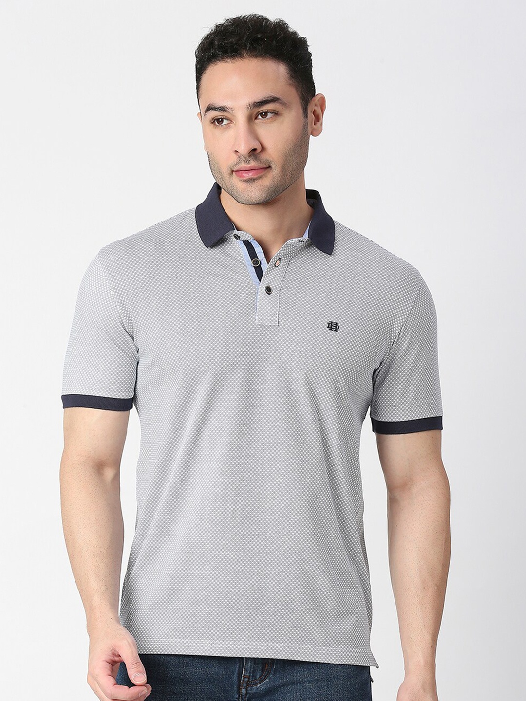 

DRAGON HILL Geometric Printed Polo Collar Slim Fit Cotton T-shirt, White