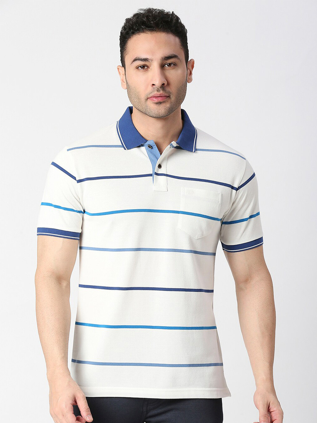 

DRAGON HILL Striped Polo Collar Slim Fit Cotton T-shirt, White