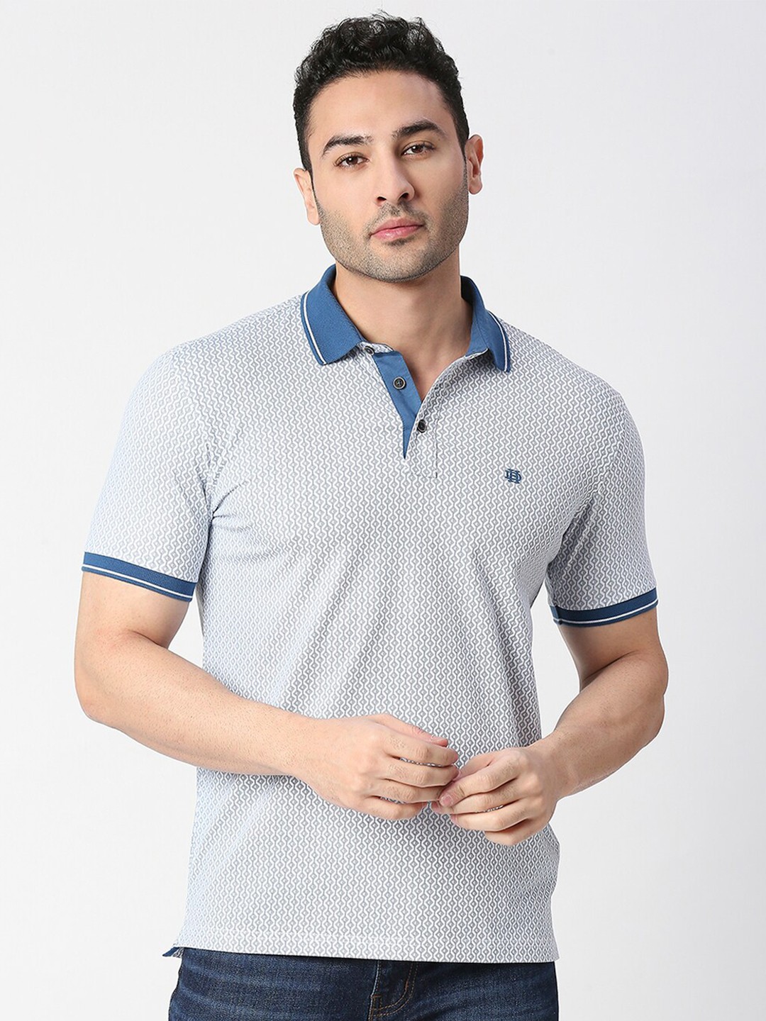

DRAGON HILL Geometric Printed Polo Collar Slim Fit Cotton T-shirt, White