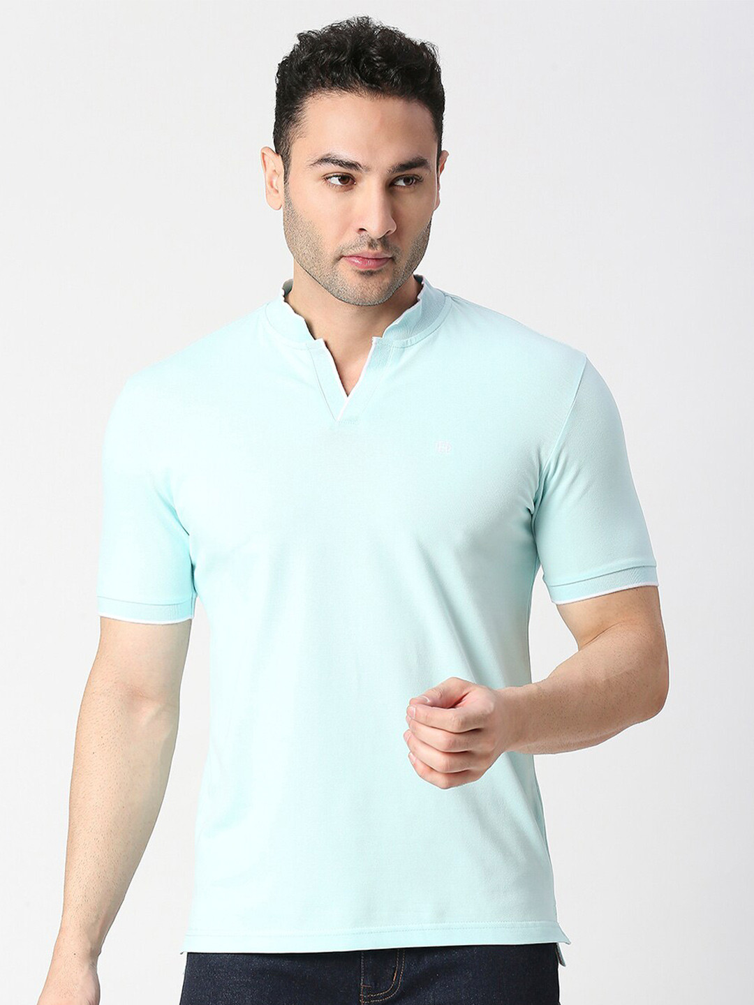 

DRAGON HILL Mandarin Collar Cotton Slim Fit T-shirt, Green