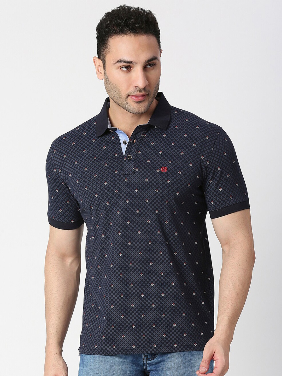 

DRAGON HILL Geometric Printed Polo Collar Slim Fit Cotton T-shirt, Navy blue