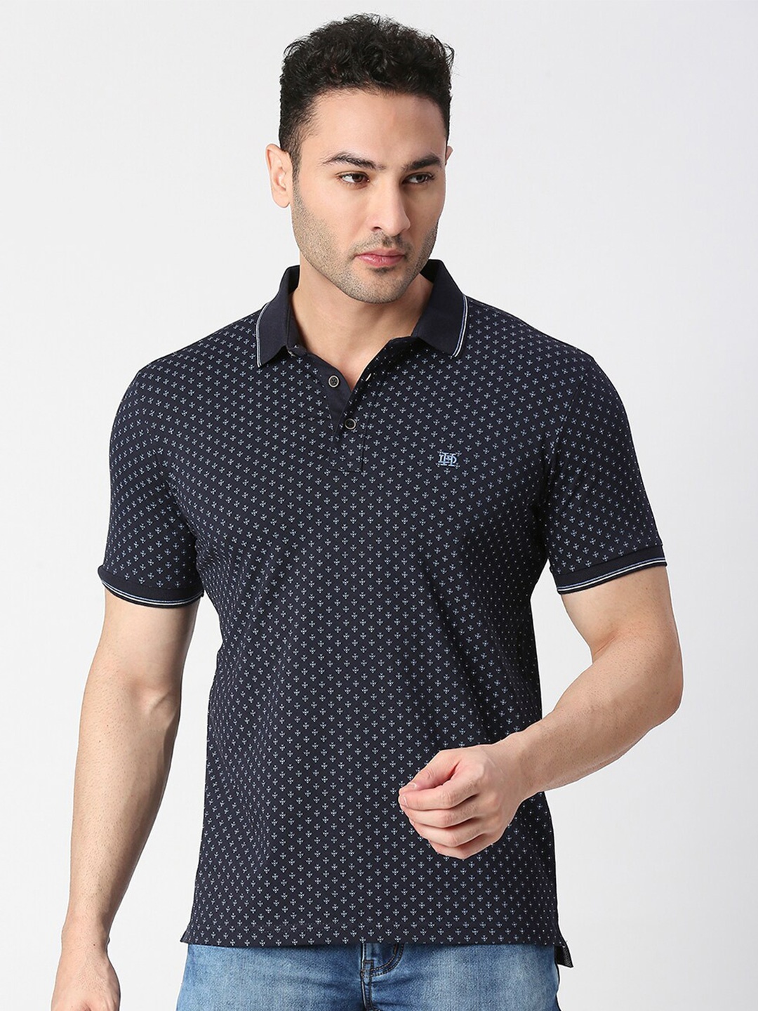 

DRAGON HILL Geometric Printed Polo Collar Slim Fit Cotton T-shirt, Navy blue