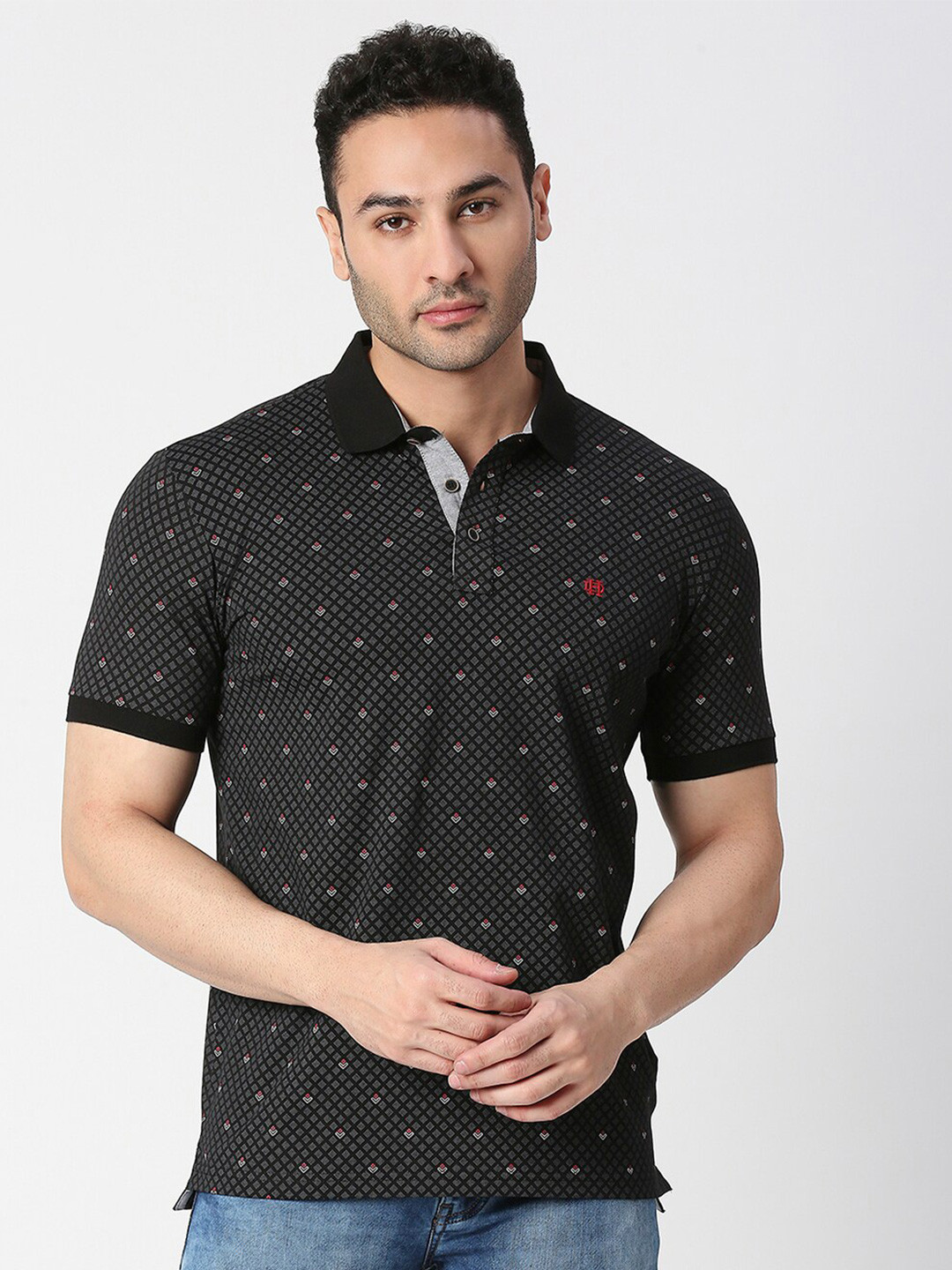 

DRAGON HILL Geometric Printed Polo Collar Slim Fit Cotton T-shirt, Black
