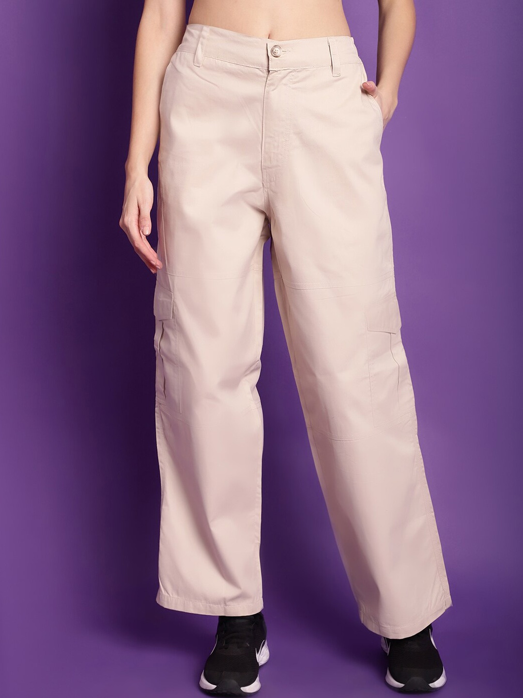 

TAG 7 Women Relaxed Straight Leg High Rise Cotton Cargo Trousers, Cream