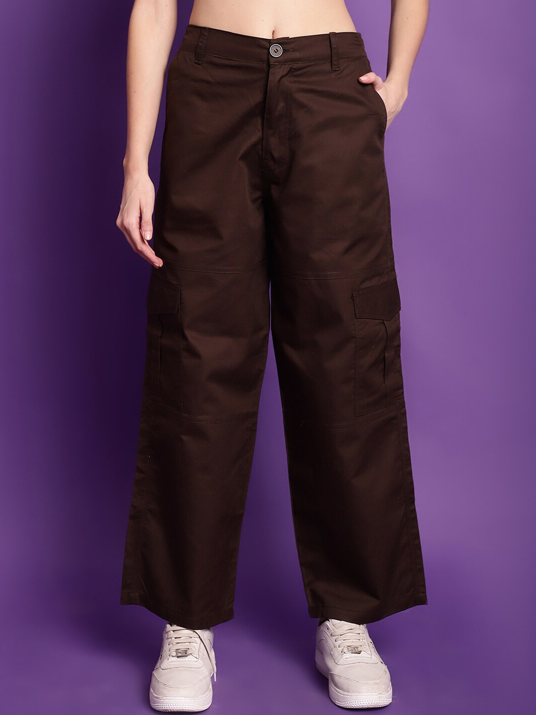 

TAG 7 Women High Rise Relaxed Straight Leg Straight Fit Plain Cotton Cargo Trousers, Brown