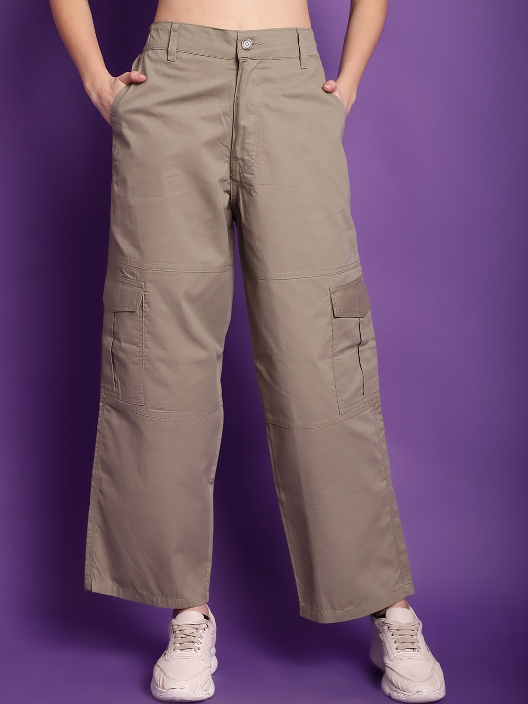 

TAG 7 Women High Rise Relaxed Straight Leg Straight Fit Cotton Cargos Trousers, Grey