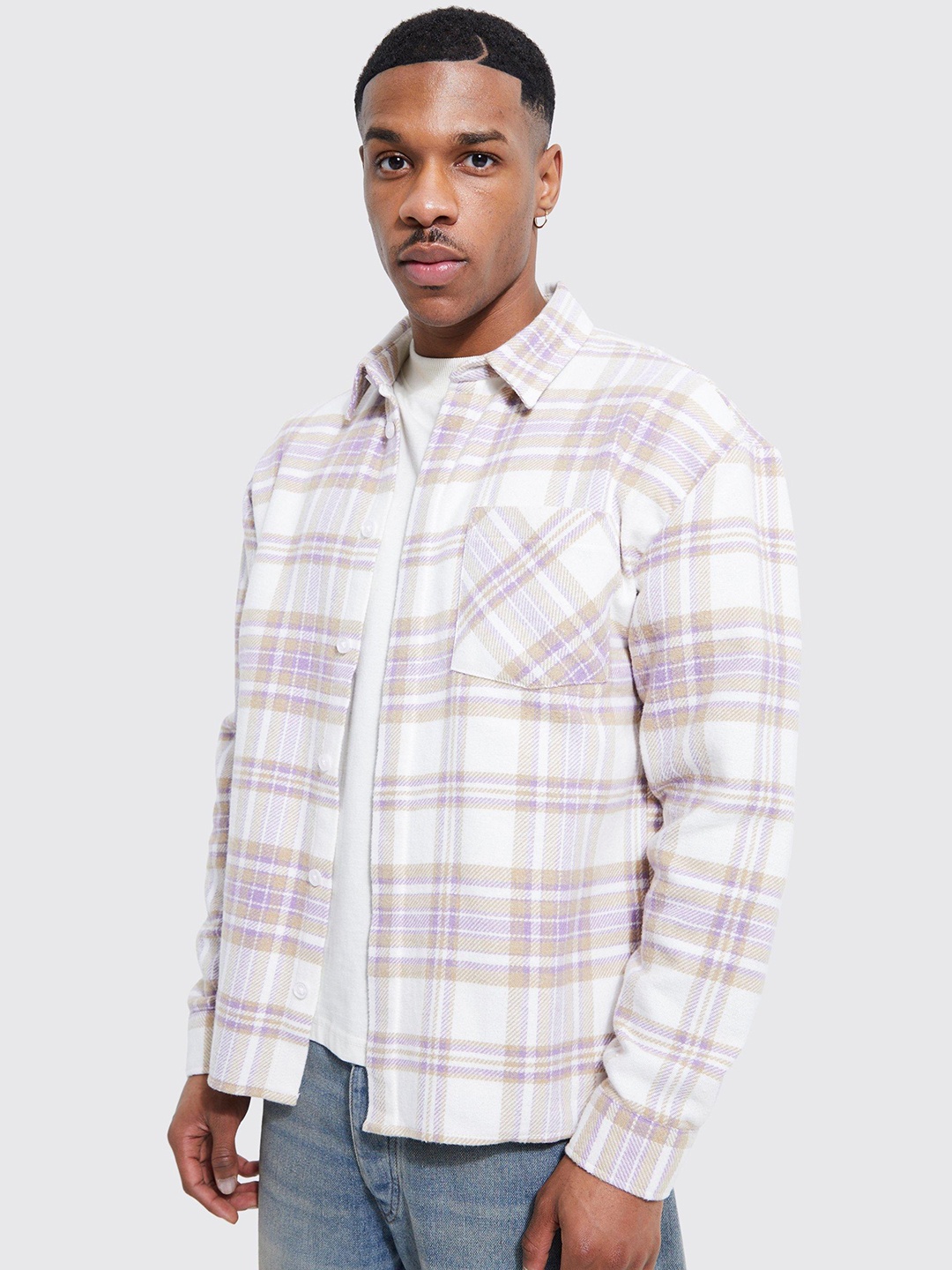 

boohooMAN Tartan Checks Boxy Shacket, White