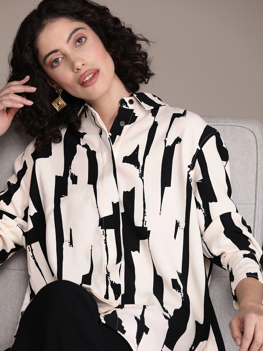 

WAREHOUSE Printed Casual Shirt, Cream