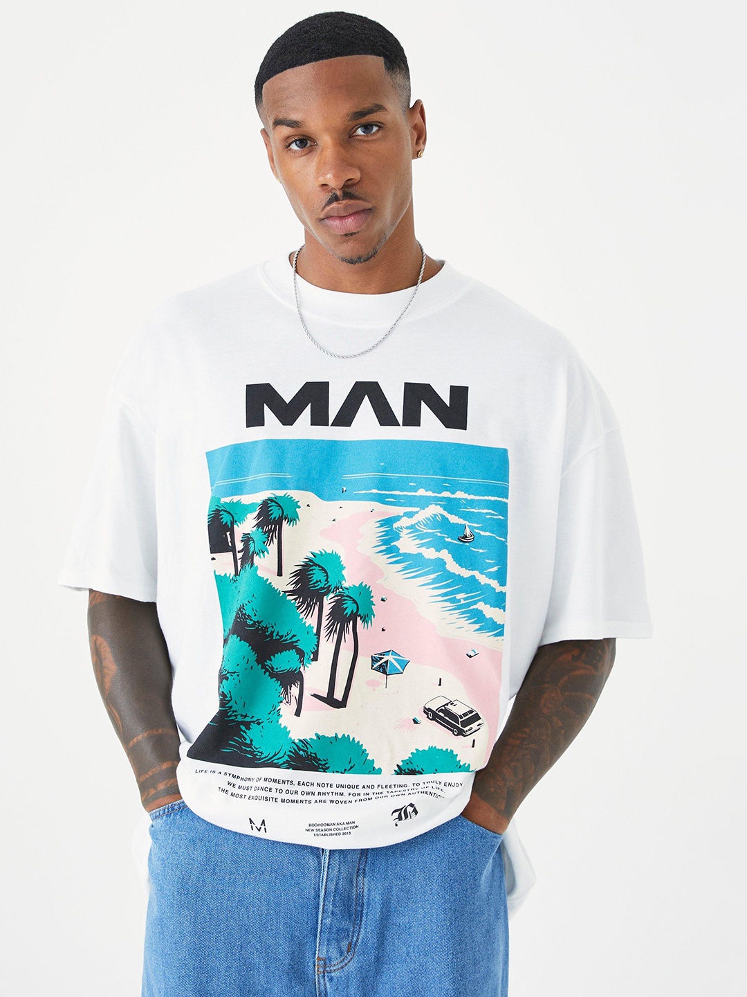 

boohooMAN Printed Oversized Pure Cotton T-shirt, White