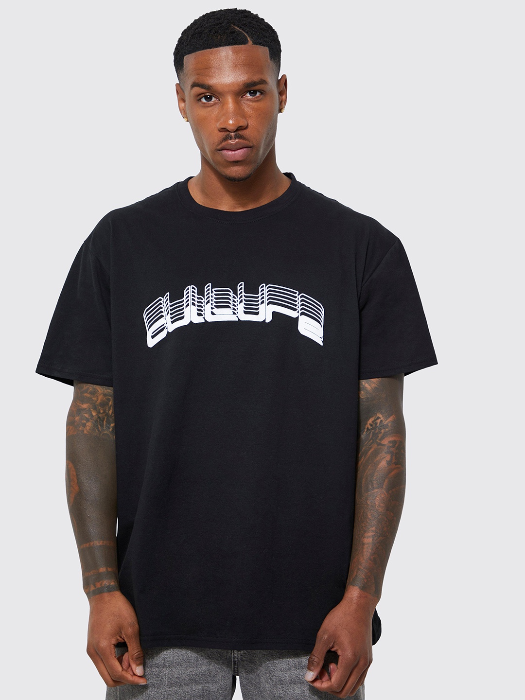 

boohooMAN Printed Oversized Pure Cotton T-shirt, Black