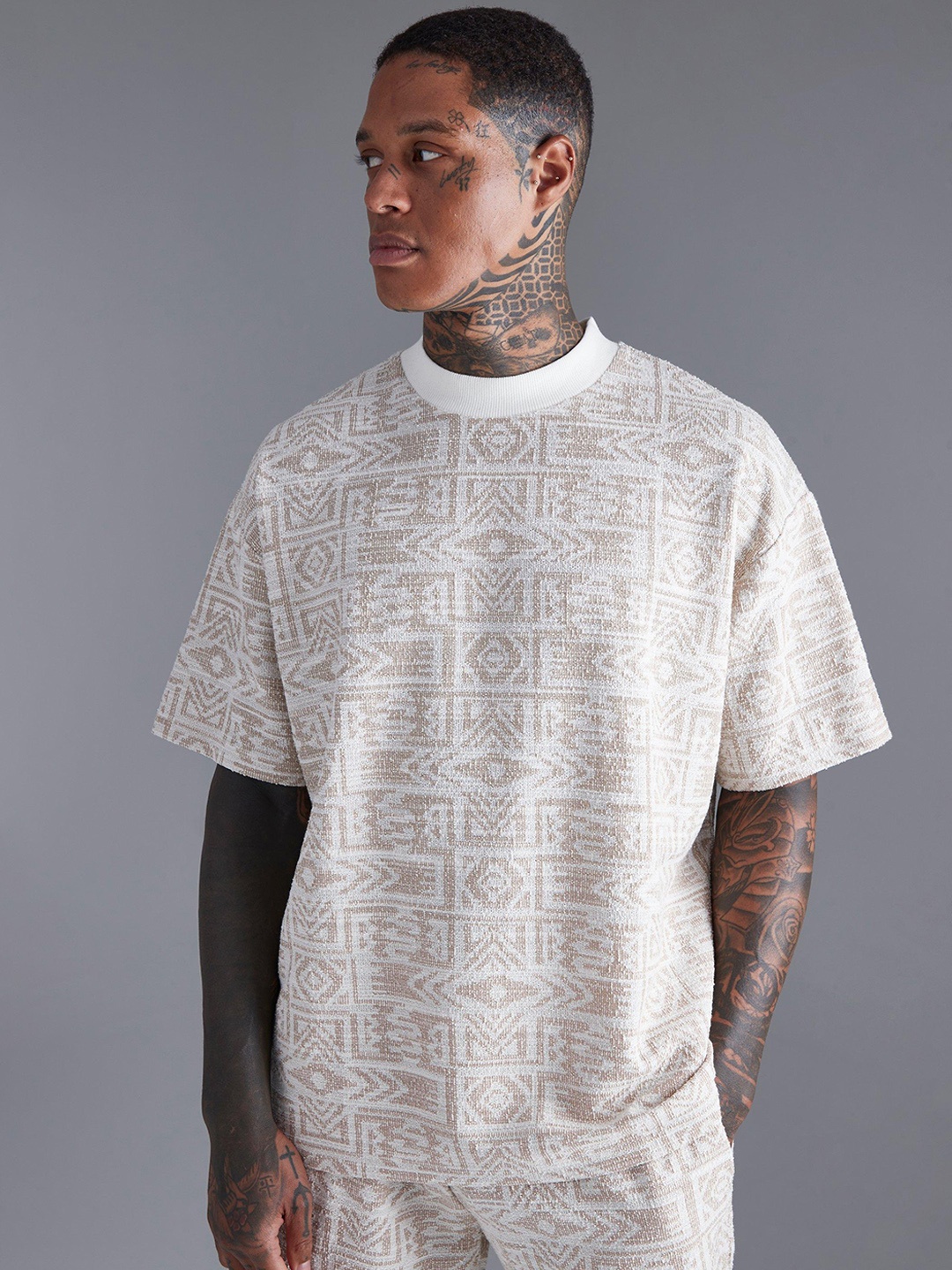 

boohooMAN Pure Cotton Oversized Jacquard Aztec Self-Designed T-shirt, White
