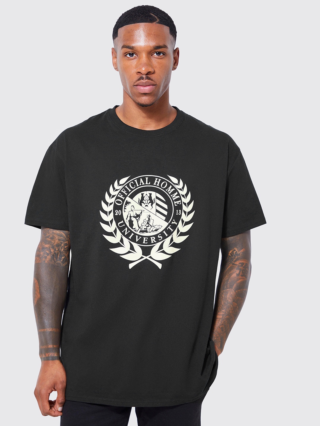 

boohooMAN Printed Oversized Pure Cotton T-shirt, Black