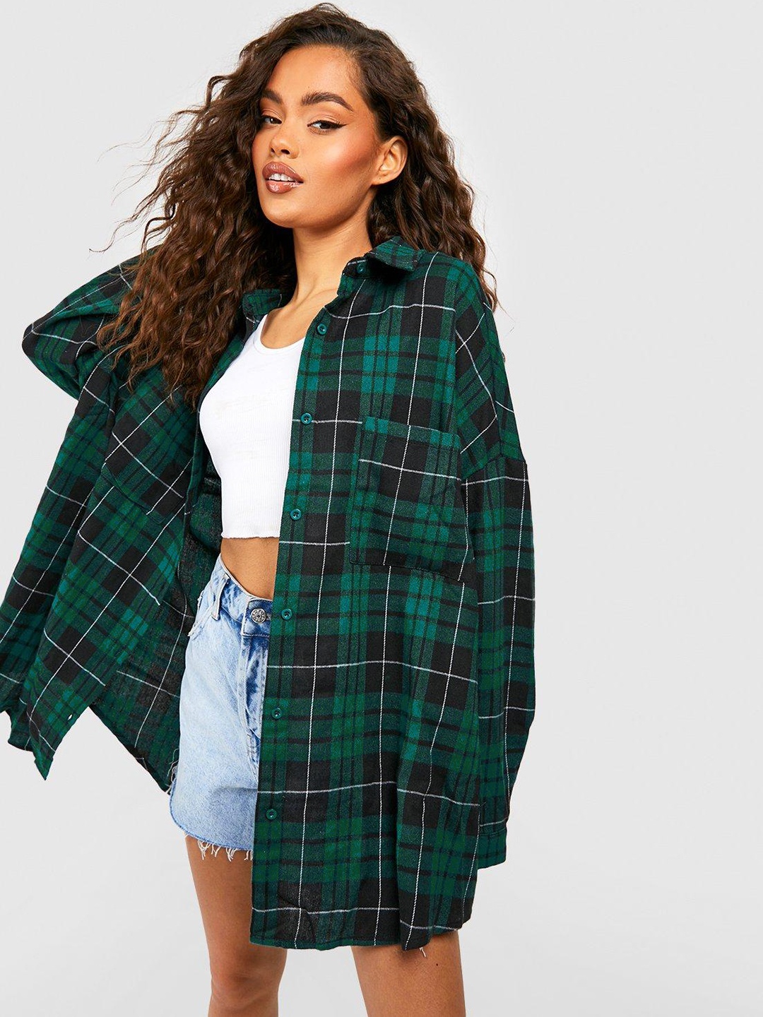 

Boohoo Women Tartan Checked Oversized Casual Shirt, Green