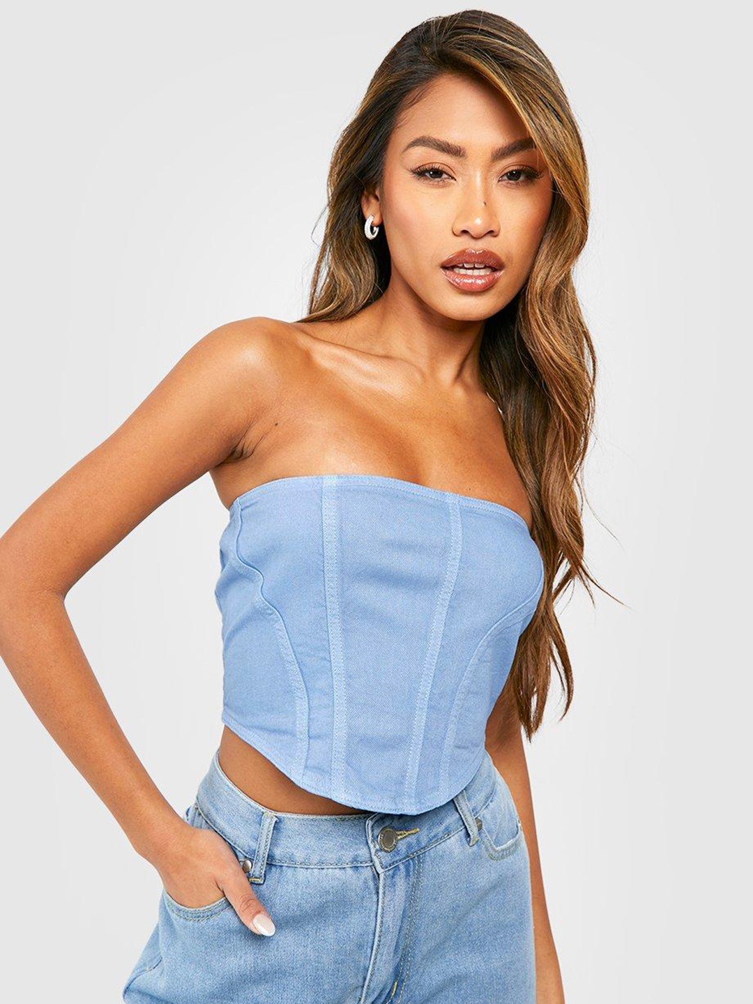 

Boohoo Pure Cotton Corset Style Crop Top, Blue