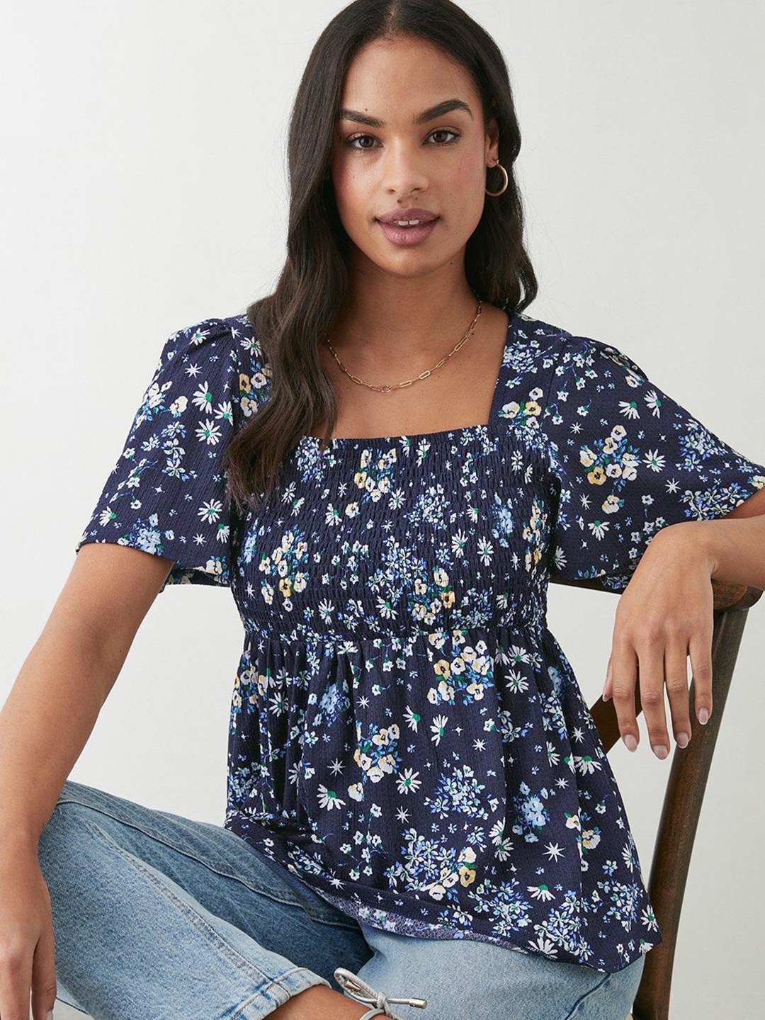 

DOROTHY PERKINS Floral Print Puff Sleeve Smocked Empire Top, Navy blue