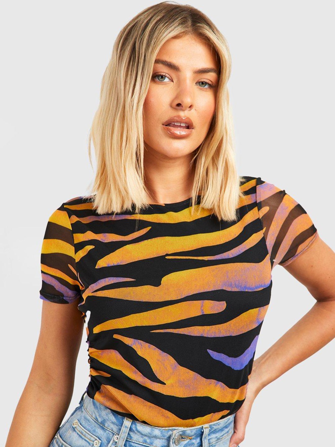

Boohoo Animal Print Semi Sheer Top, Yellow