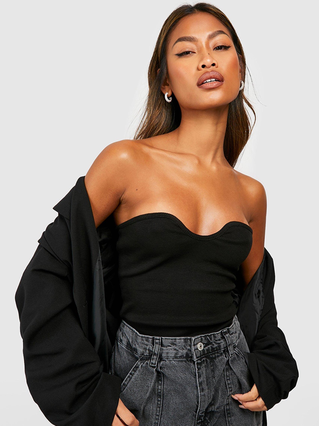 

Boohoo Ribbed Bandeau Top, Black