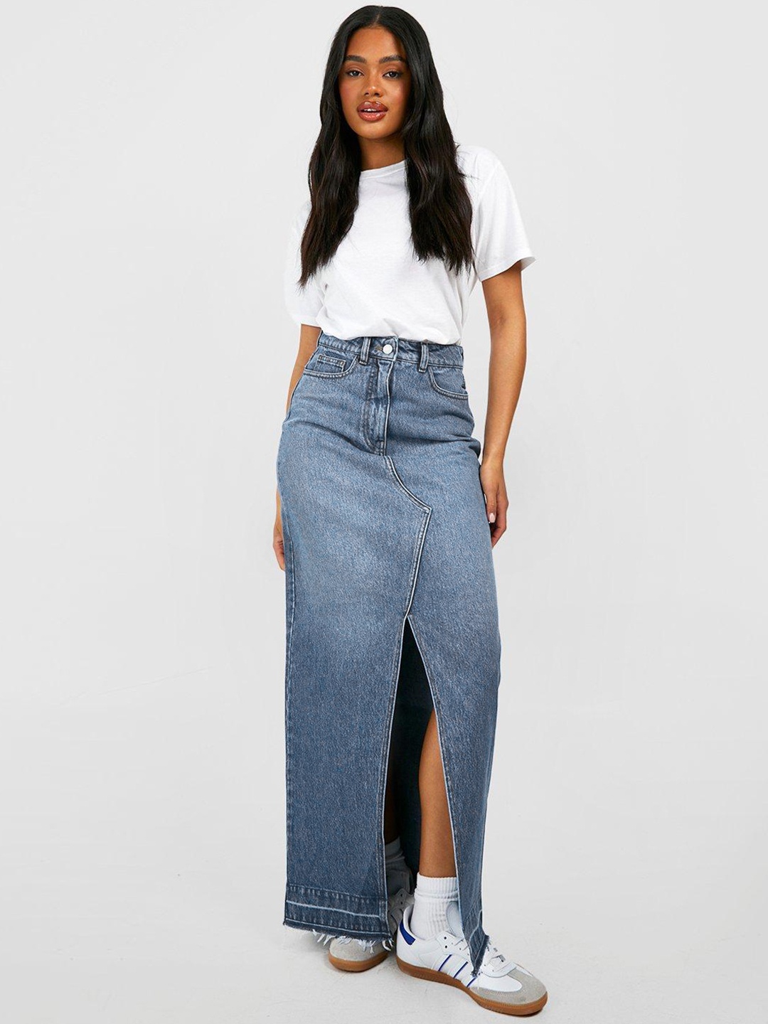 

Boohoo Women Pure Cotton High Waisted Slit Denim Maxi Skirt, Blue