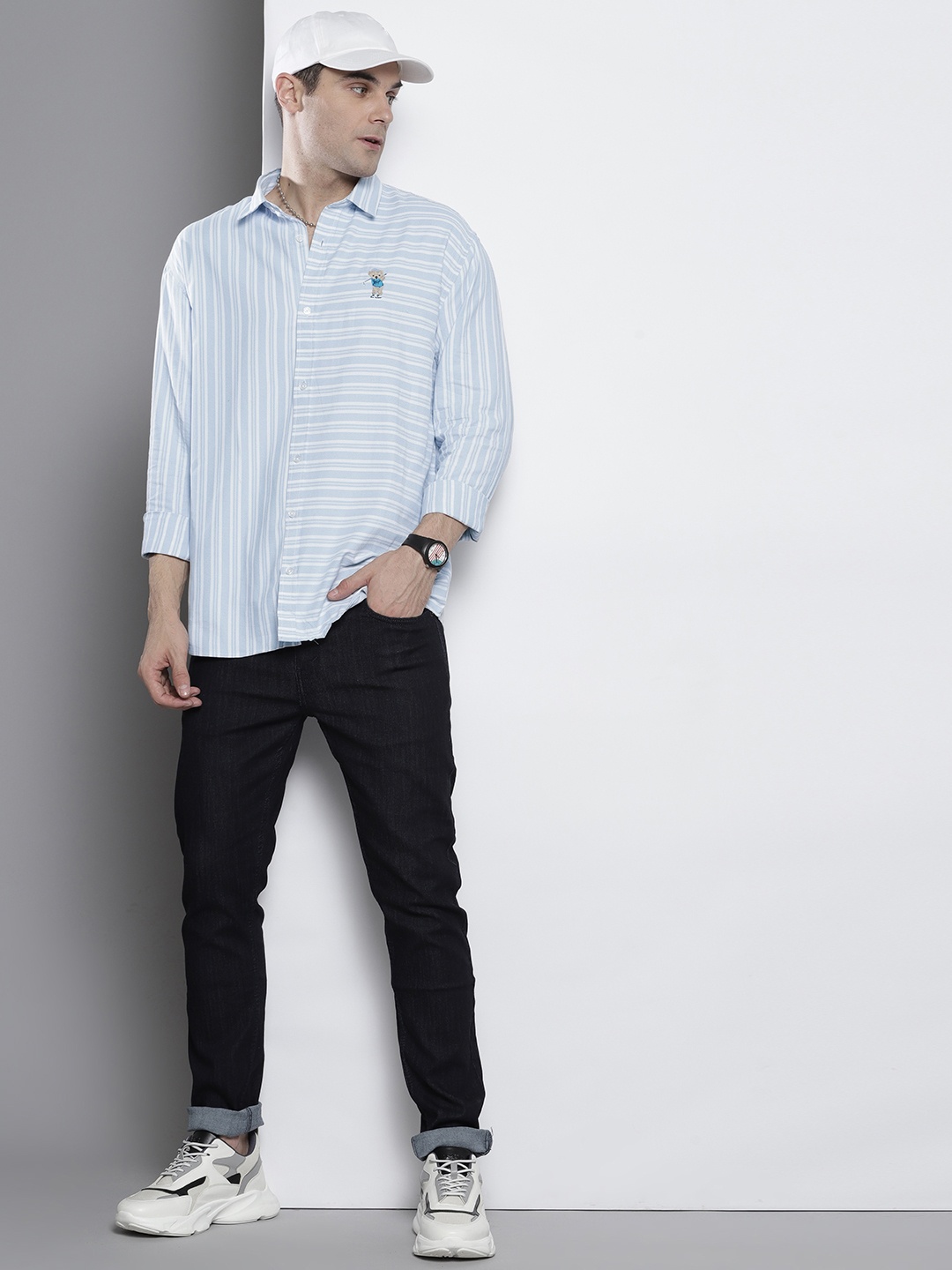 

boohooMAN Oxford Oversized Striped Shirt, Blue