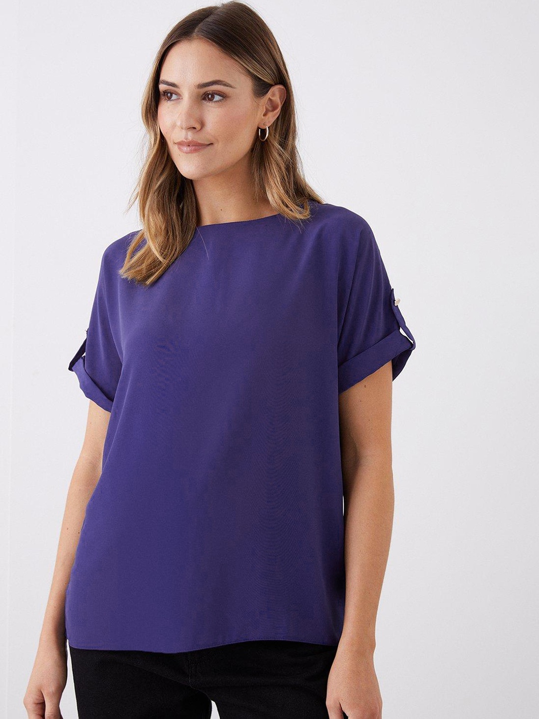 

DOROTHY PERKINS Roll-Up Detail Sleeves Regular Top, Blue