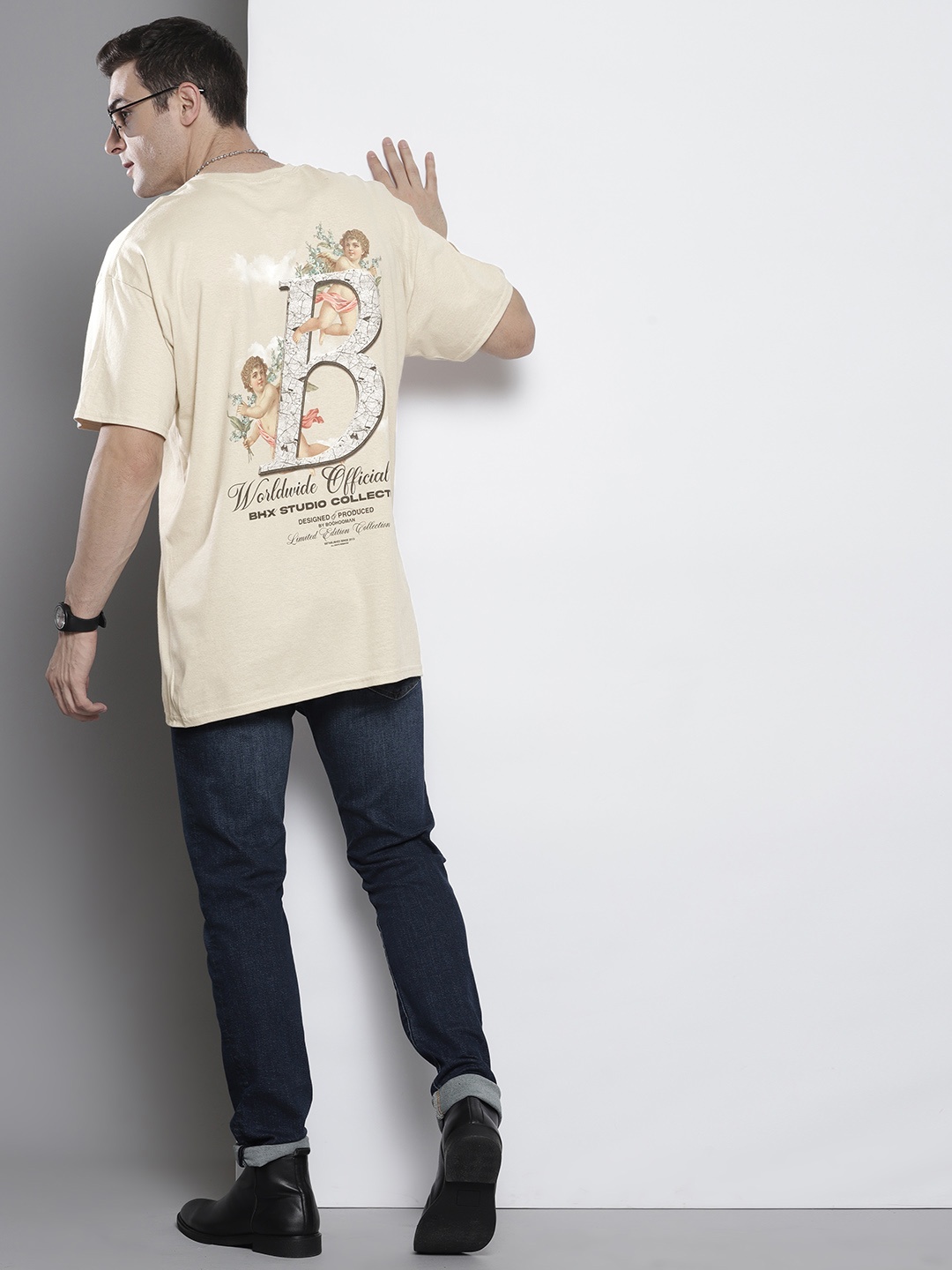 

boohooMAN Oversized Printed Back Drop-Shoulder Sleeves Pure Cotton T-shirt, Beige