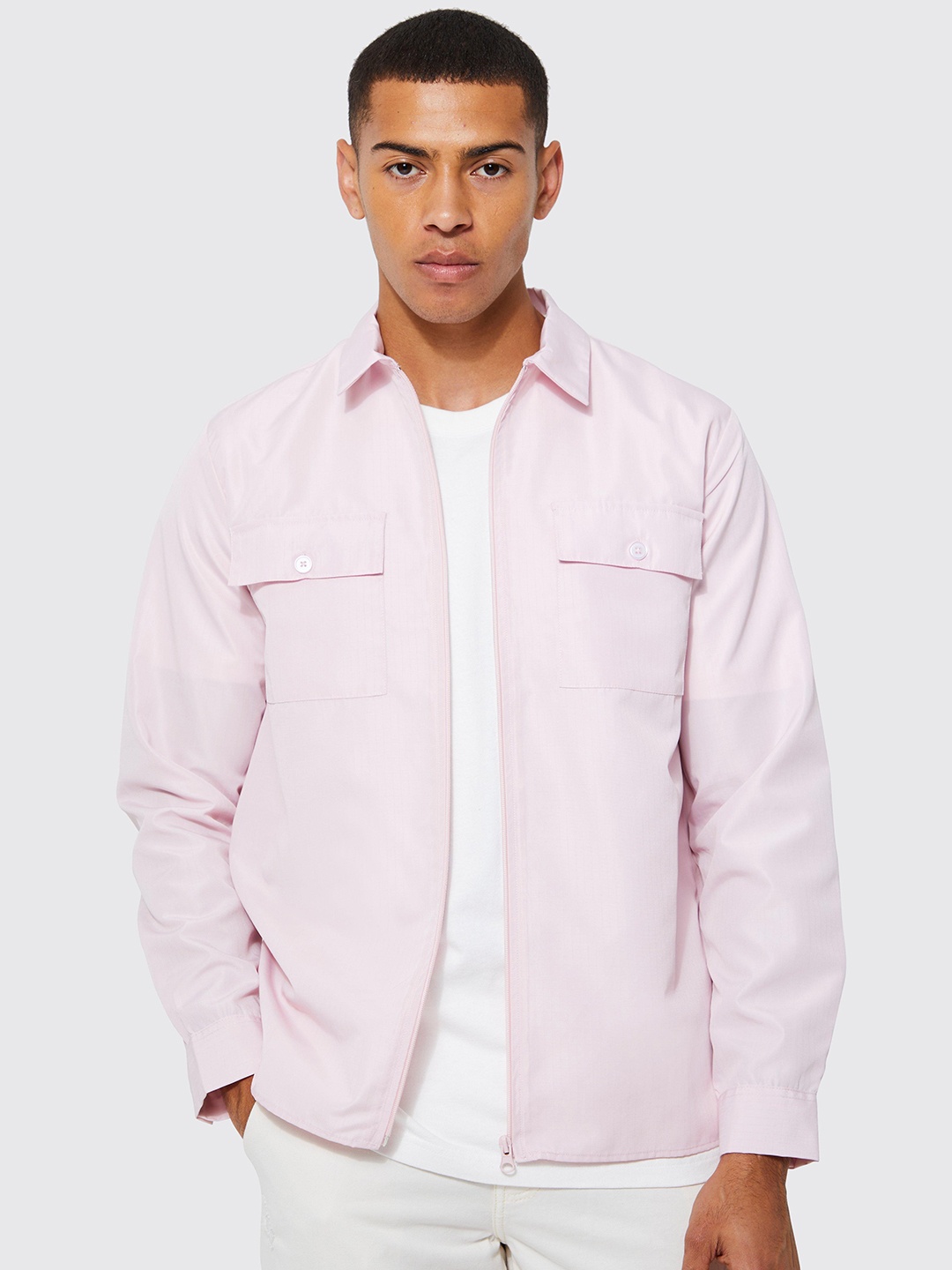 

boohooMAN Solid 2 Pocket Shacket, Pink
