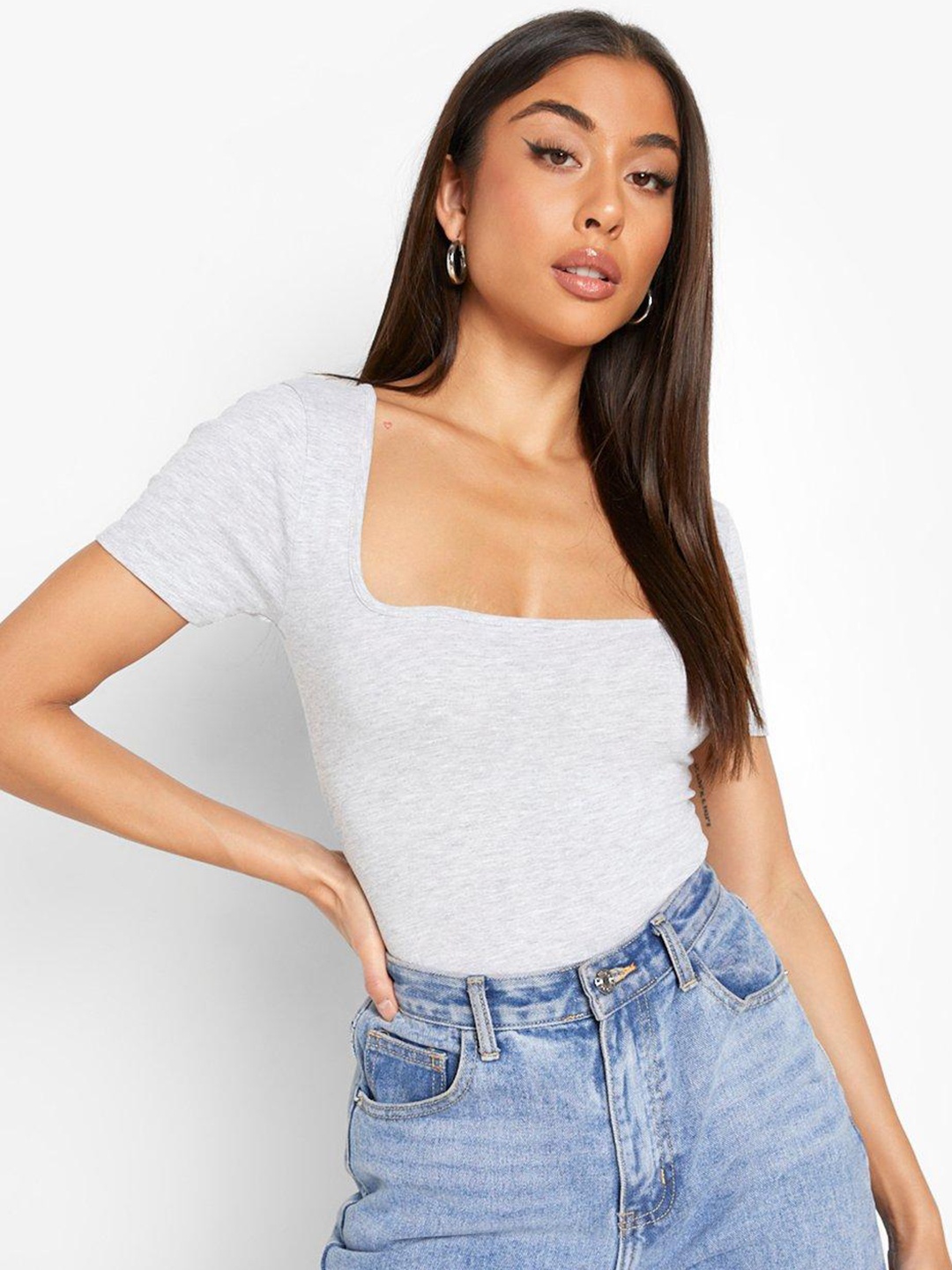 

Boohoo Melange Effect Short Sleeve Square Neck Bodysuit, Grey melange