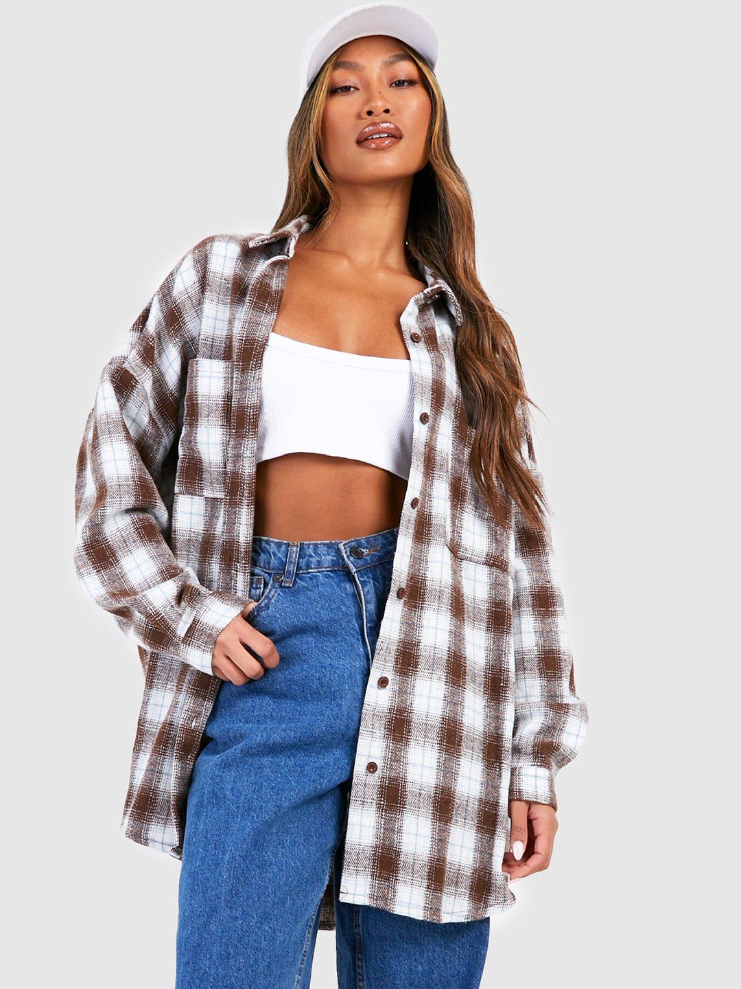 

Boohoo Gingham Checked Oversized Longline Shirt, Brown