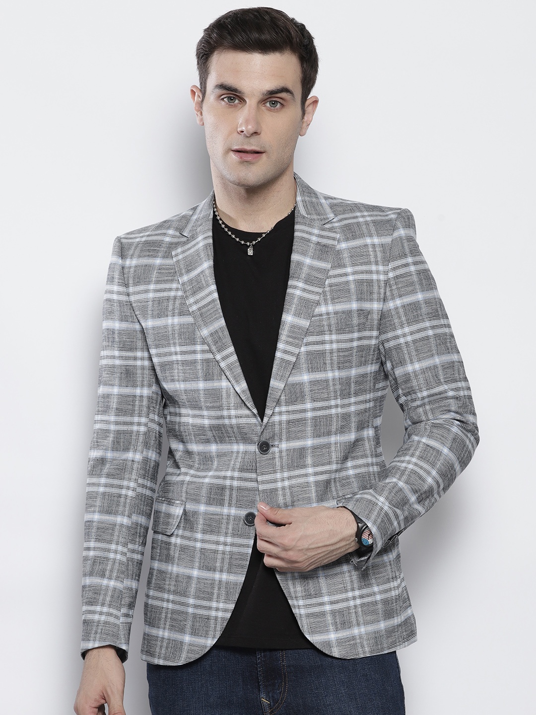 

boohooMAN Super Skinny Single Breasted Checked Blazer, Grey