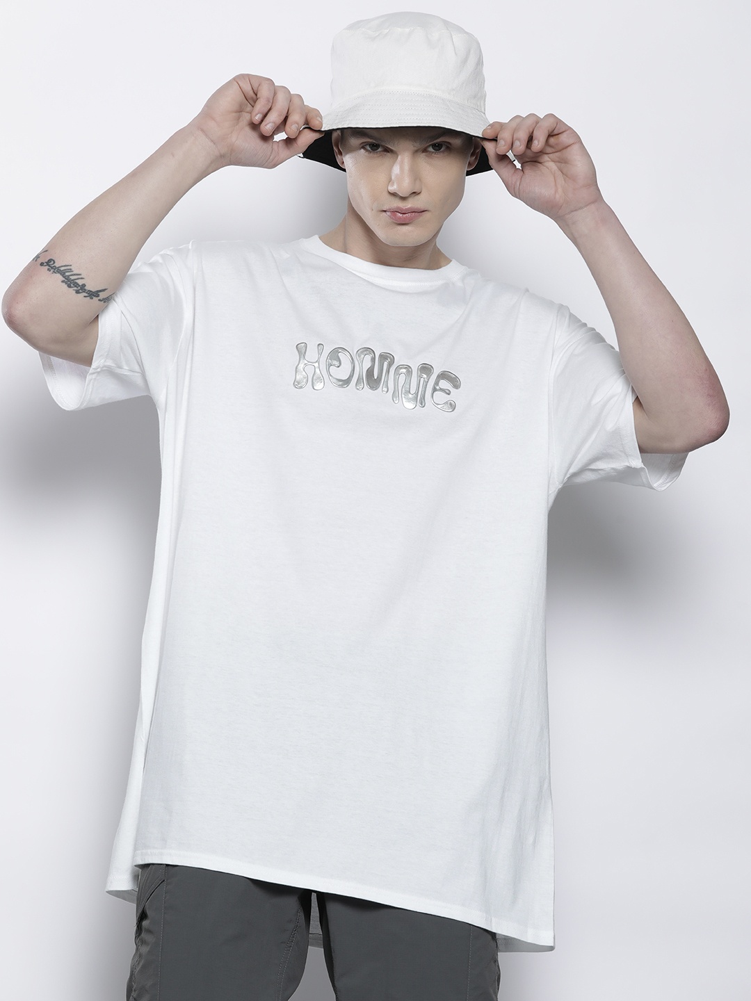 

boohooMAN Homme Metallic Print Pure Cotton Oversized T-shirt, White