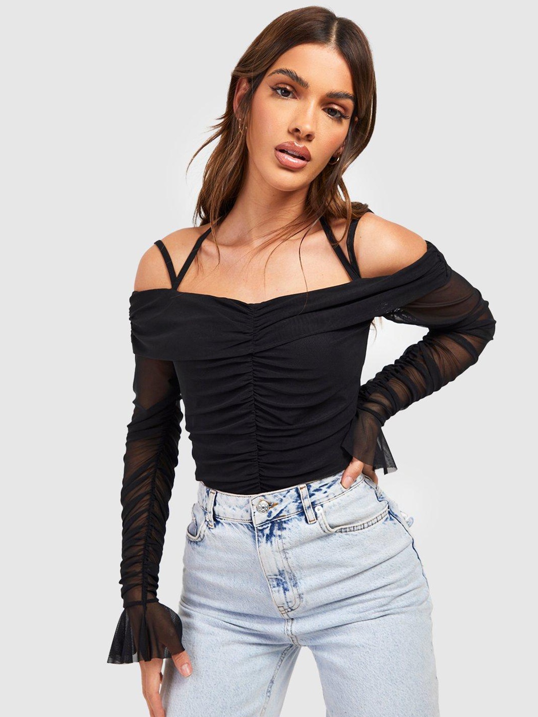 

Boohoo Ruched Net Top, Black