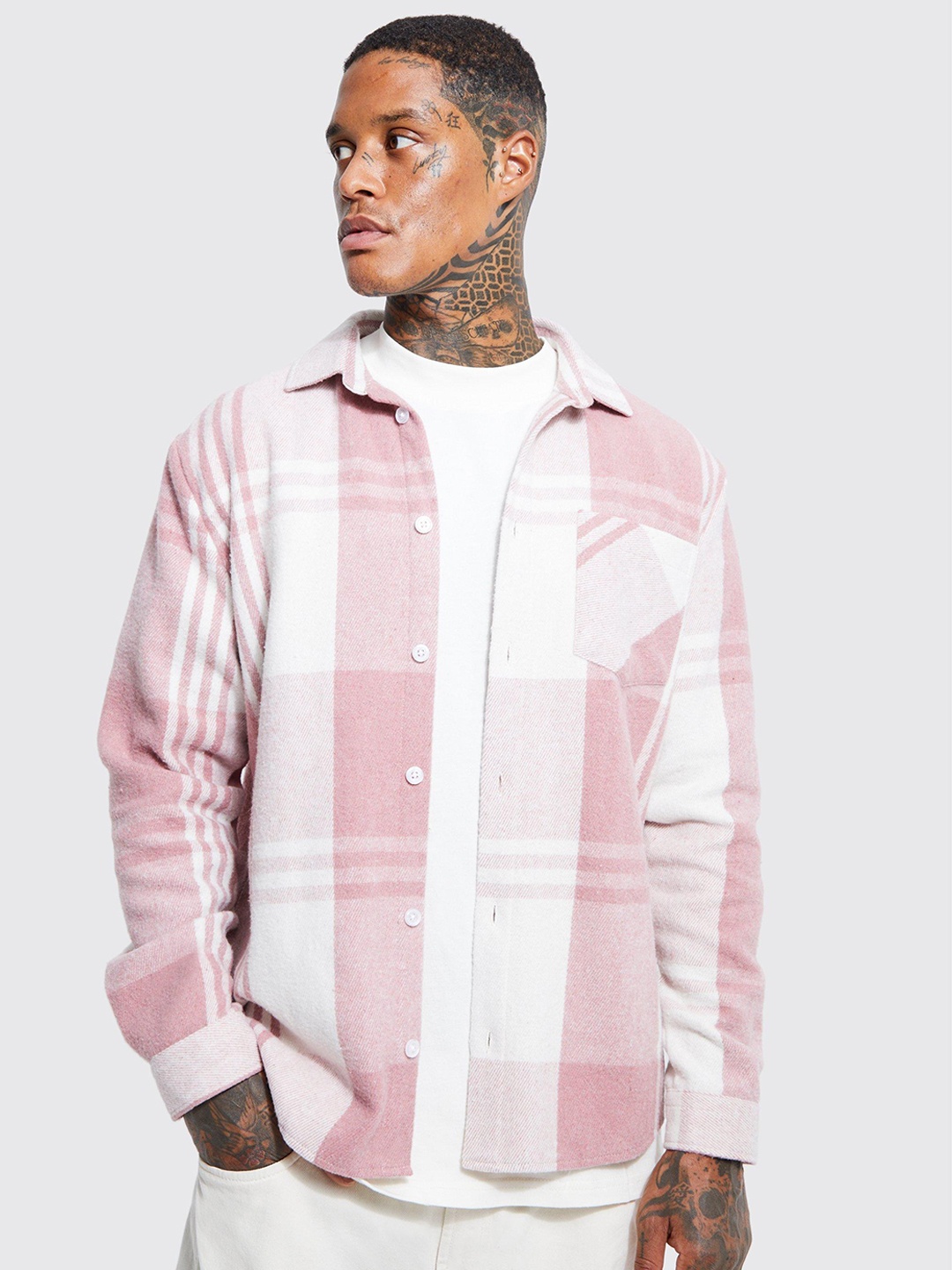 

boohooMAN Tartan Checked Casual Shacket, Pink